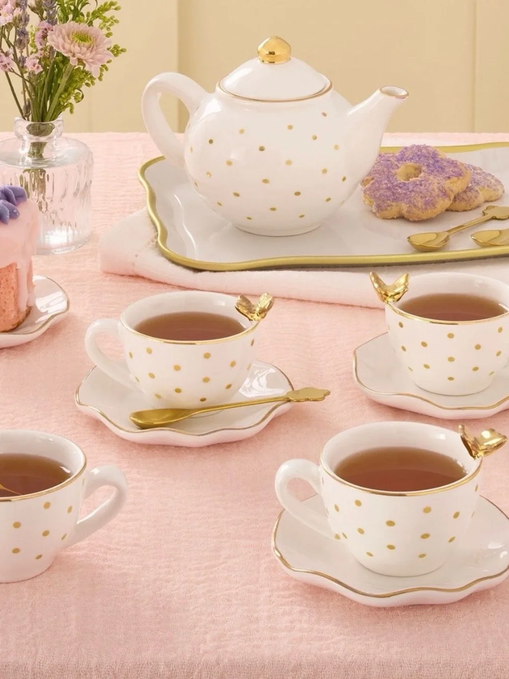 NIB! Elegant White and Gold Polka Dot Porcelain Tea Set - 4 Cup Service